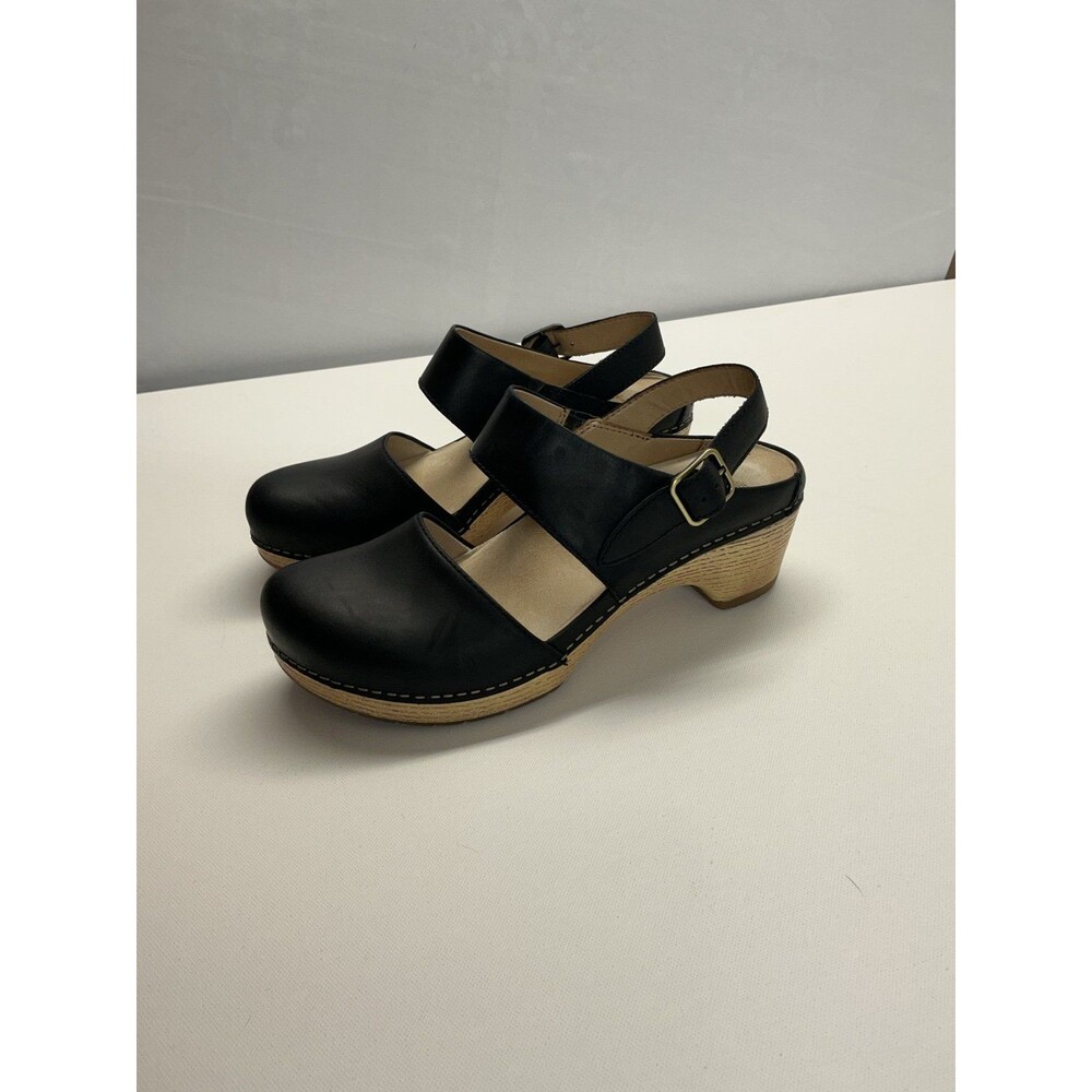 Dansko Black Leather Clogs with Ankle Strap